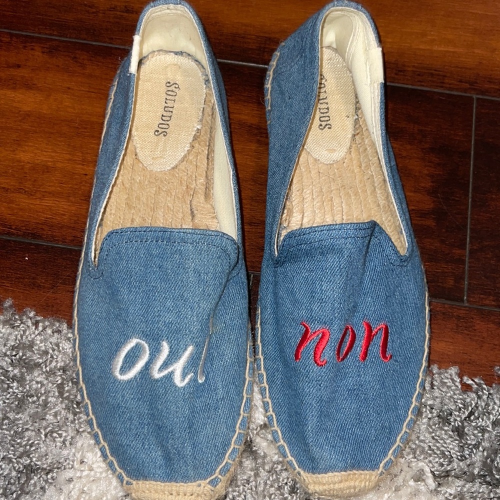 Soludos Blue Denim Espadrilles with White and Red Embroidery